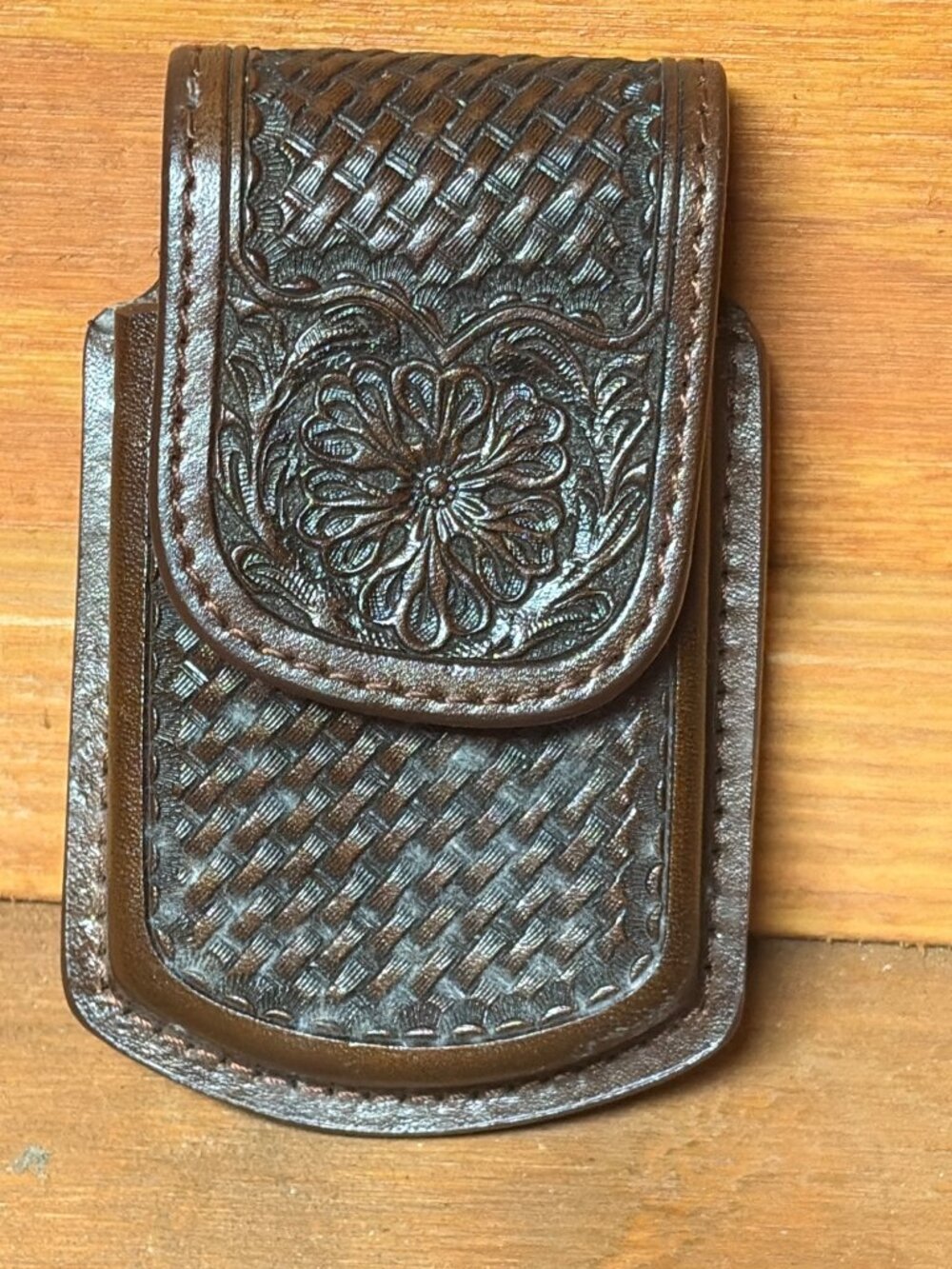 Western Hand-Tooled Leather Cell Phone Case Basketweave & Floral Design PC-132
